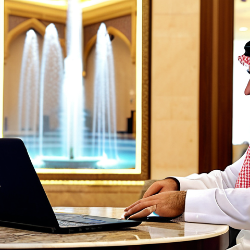 **

A tourist happily completing an e-Visa application on a laptop while sitting in a modern, comfortable hotel lobby in Riyadh. The background shows a blurred image of the King Fahd Fountain in Jeddah. The scene should convey ease and digital accessibility. Consider a warm, inviting color palette.

**