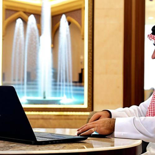 Home 15 **
A tourist happily completing an e-Visa application on a laptop while sitting in a modern, comfortable hotel lobby in Riyadh. The background shows a blurred image of the King Fahd Fountain in Jeddah. The scene should convey ease and digital accessibility. Consider a warm, inviting color palette.
**
