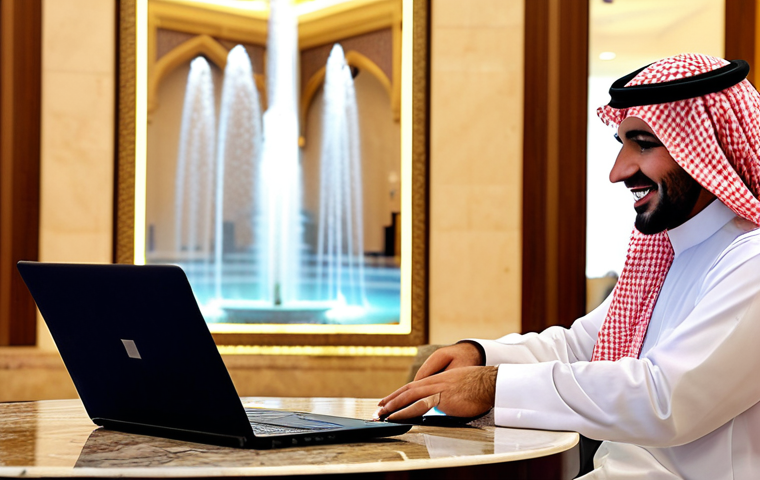 **
A tourist happily completing an e-Visa application on a laptop while sitting in a modern, comfortable hotel lobby in Riyadh. The background shows a blurred image of the King Fahd Fountain in Jeddah. The scene should convey ease and digital accessibility. Consider a warm, inviting color palette.
**