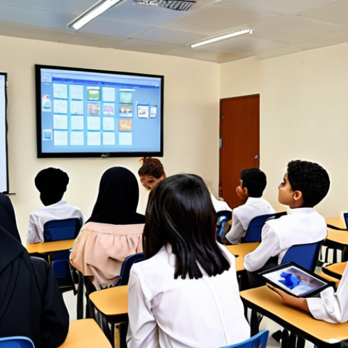Home 14 A diverse group of students from various nationalities working together on a project in a modern, technology-rich classroom at an international school in Saudi Arabia. The students are using tablets and interacting with a smartboard. The atmosphere is collaborative and engaging, showcasing the school's commitment to intercultural competence and modern education.