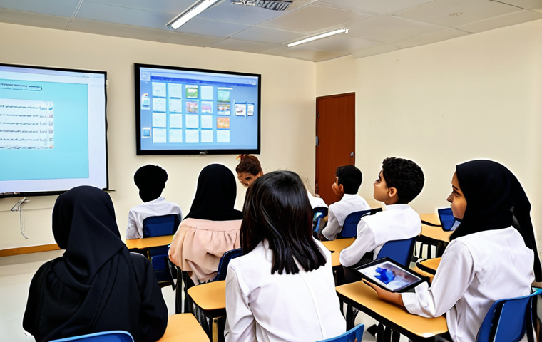 A diverse group of students from various nationalities working together on a project in a modern, technology-rich classroom at an international school in Saudi Arabia. The students are using tablets and interacting with a smartboard. The atmosphere is collaborative and engaging, showcasing the school's commitment to intercultural competence and modern education.