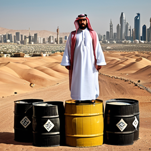 Home 7 **Image Prompt:** A stylized, slightly tense, depiction of Saudi and Israeli figures in traditional dress, balancing precariously on a pile of oil barrels, with a backdrop of modern cityscapes blending into desert landscapes. The image should evoke a sense of strategic partnership and underlying fragility.