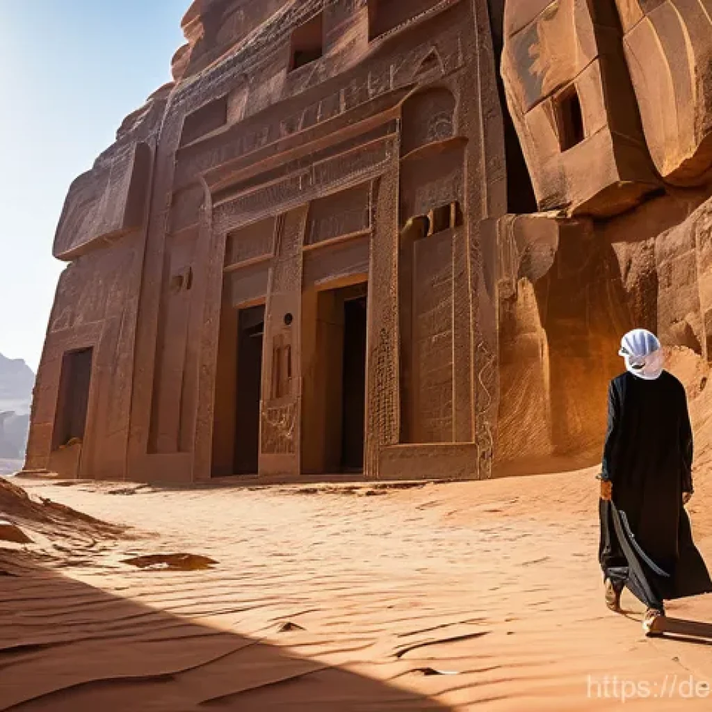 사우디아라비아의 기후와 계절별 여행 추천 - A female tourist, wearing a light, long-sleeved tunic and loose trousers, with a modest head coverin...