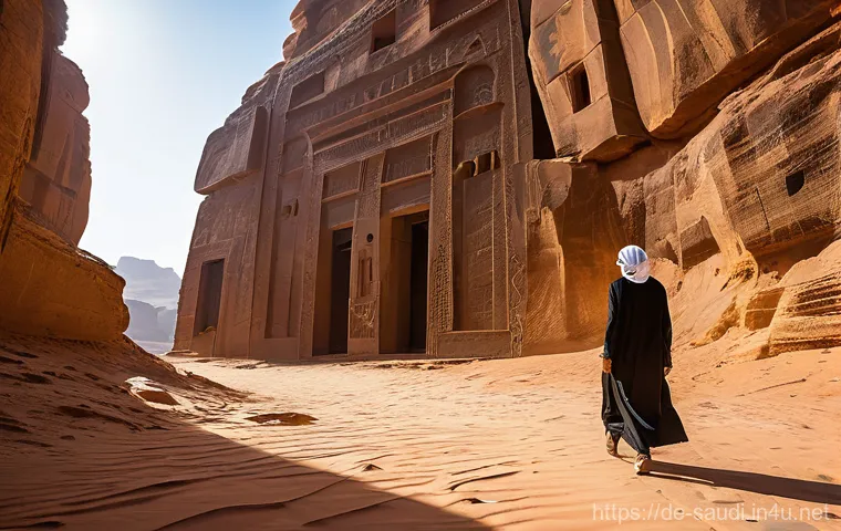 사우디아라비아의 기후와 계절별 여행 추천 - A female tourist, wearing a light, long-sleeved tunic and loose trousers, with a modest head coverin...