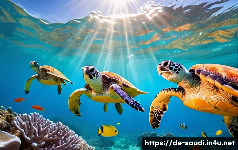 사우디아라비아 해양 생물 및 수족관 - **Prompt:** "A vibrant underwater scene in the Red Sea. A group of young children, wearing colorful ...