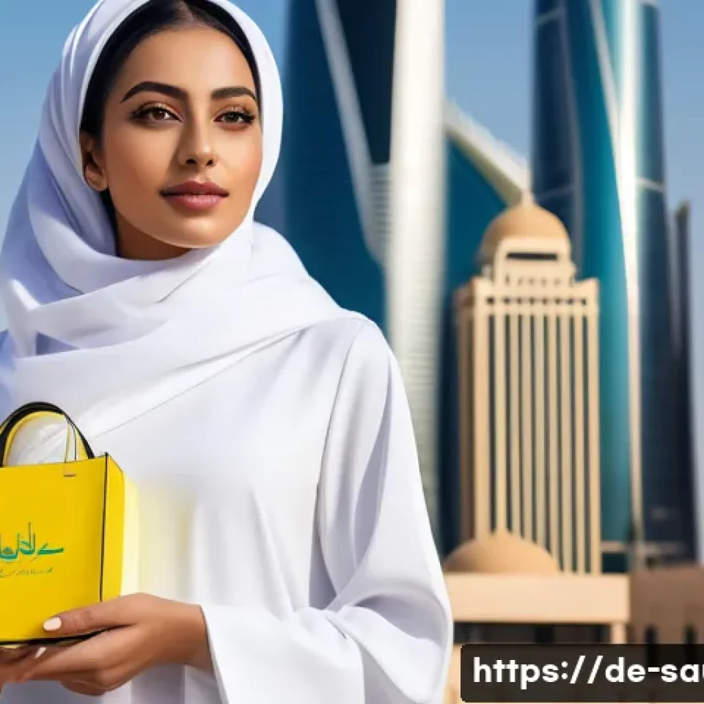 사우디아라비아의 화장품 및 뷰티 산업 - A stylish young Saudi Arabian woman in modern urban attire, standing confidently in a bustling Riyad...