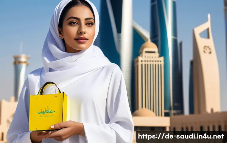 사우디아라비아의 화장품 및 뷰티 산업 - A stylish young Saudi Arabian woman in modern urban attire, standing confidently in a bustling Riyad...