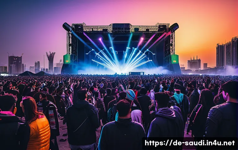 사우디아라비아의 음악 페스티벌과 엔터테인먼트 - A vibrant outdoor scene at the MDL Beast Festival in Riyadh during December, showcasing a massive op...