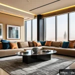 Home 19 사우디아라비아의 물가와 생활비 - A modern furnished apartment interior in Riyadh, Saudi Arabia, showcasing a stylish living room with...