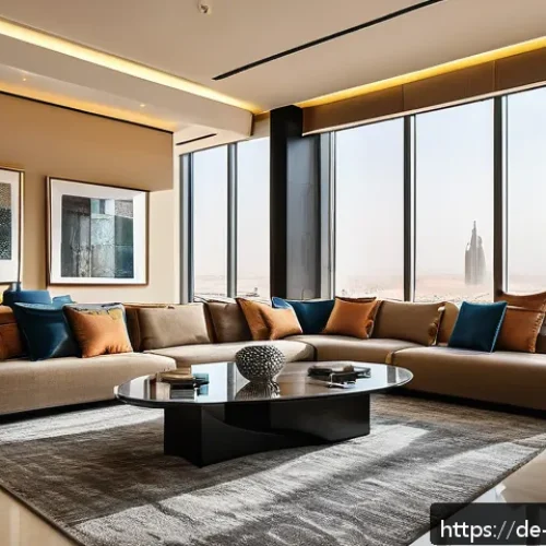 Home 31 사우디아라비아의 물가와 생활비 - A modern furnished apartment interior in Riyadh, Saudi Arabia, showcasing a stylish living room with...