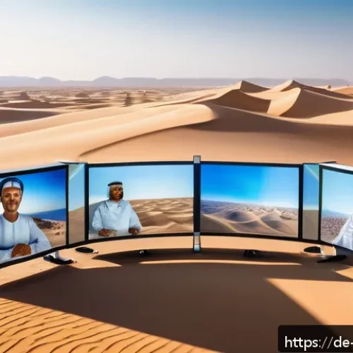 Home 30 사우디아라비아의 의학 발전사 - A futuristic telemedicine consultation scene set in a vast desert environment resembling the Rub al-...
