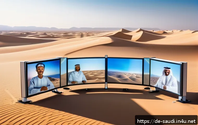 사우디아라비아의 의학 발전사 - A futuristic telemedicine consultation scene set in a vast desert environment resembling the Rub al-...