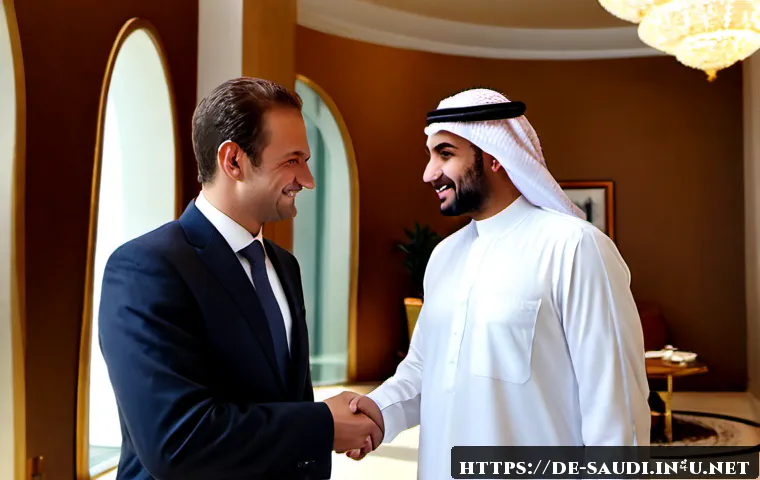 사우디아라비아 비즈니스 매너와 에티켓 - Photorealistic business meeting in a refined Riyadh office, a German executive in a conservative dar...