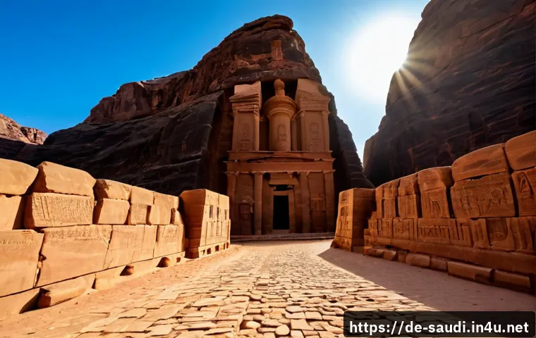 Home 13 알우라 고고학 유적지 - Photorealistic wide-angle view of ancient Nabataean sandstone tombs at AlUla archaeological site, to...