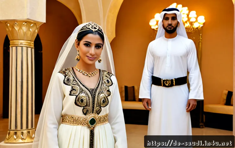 사우디아라비아 전통 결혼 예복과 액세서리 - Photorealistic Saudi Arabian traditional wedding attire displayed on elegant mannequins in a refined...