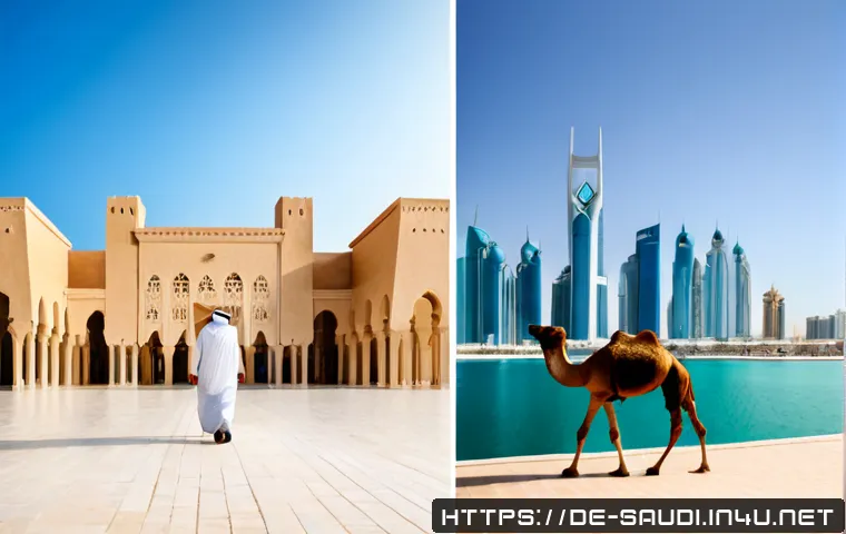 사우디아라비아와 UAE의 차이점 - Photorealistic split-scene comparison of Saudi Arabia and the United Arab Emirates: left side a vast...